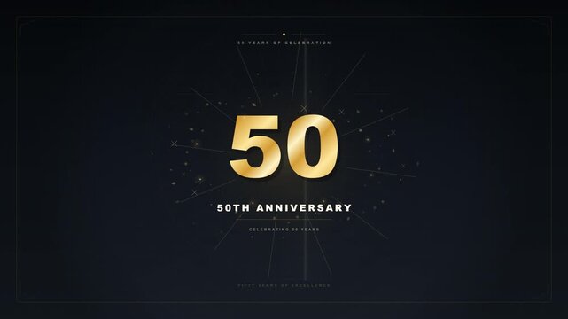 elegant golden 50th anniversary motion graphic featuring glowing geometric lines and particles on a dark background. Perfect for celebrating corporate milestones, jubilees, and special events.