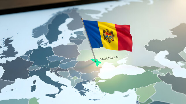 Map of Moldova with Flag Highlight and European Context