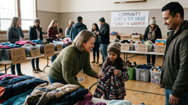 Community members exchange winter clothing at a local event.