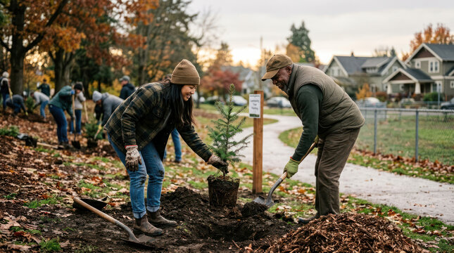 Community members planting a small evergreen tree in a park during autumn.