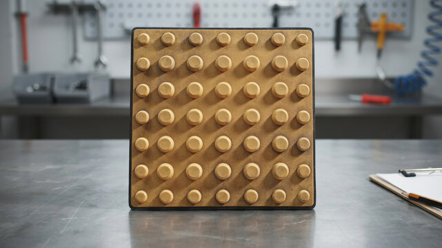 Square wooden pegboard with numerous evenly spaced cylindrical wooden pegs casting distinct shadows in a workshop setting, highlighting a tactile and organized surface for tools or
