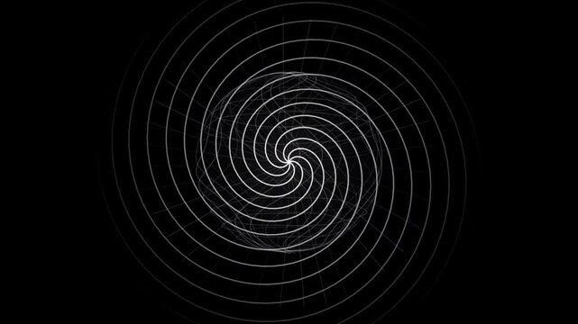 Abstract white spiral vortex pattern on black background for digital motion design.