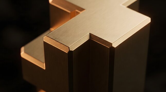 Abstract geometric gold structure against a dark background with dramatic lighting
