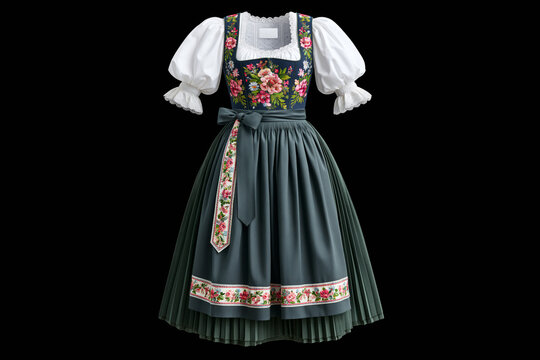 Traditional Bavarian dirndl dress with floral embroidery and apron on black background