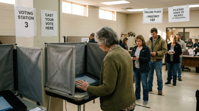 People casting votes at a polling station during an election.