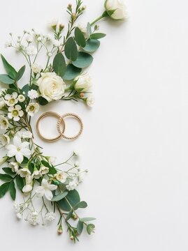 Elegant Gold Wedding Rings with White Roses and Eucalyptus Leaves on White Background with Copy Space