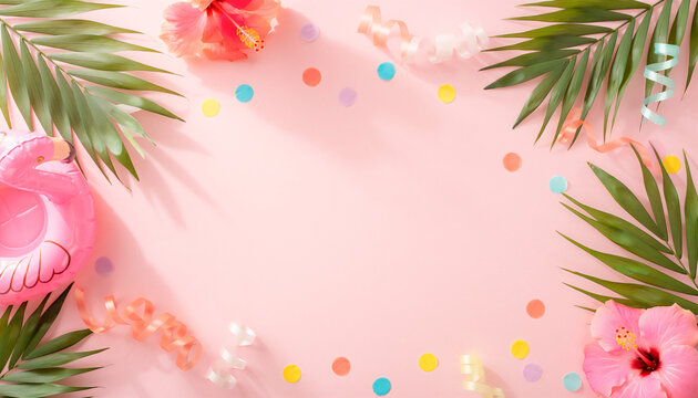 Pink Tropical Summer Party Background with Flamingo, Palm Leaves, Hibiscus and Confetti