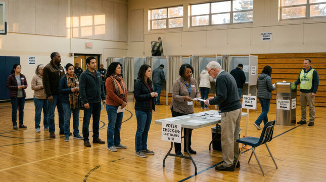 People lining up to vote at a polling station in a gymnasium.