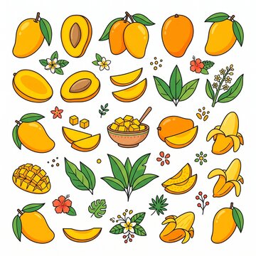 Seamless pattern and collection of mango fruits slices and green leaves vector