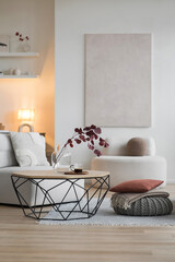 Modern scandinavian style interior with sofa and trendy lamp, Home staging and minimalism concept. Minimal Scandi interior. © kite_rin