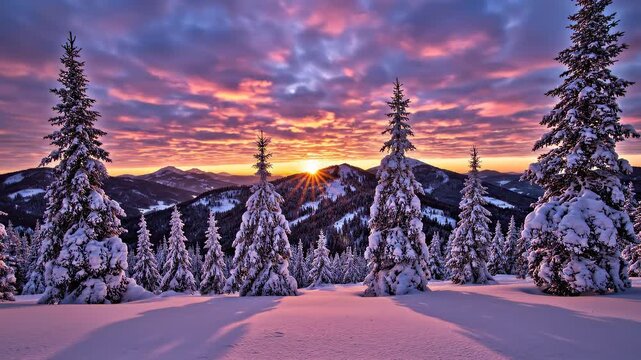 Snow covered pine trees in a serene winter landscape during a vibrant sunset with dramatic sky and soft light