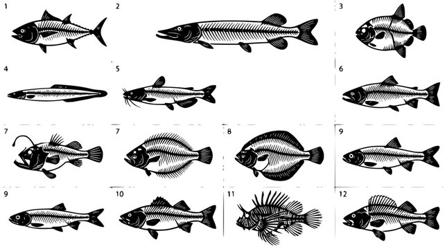 Fish skeletons set with detailed anatomical diagrams featuring salmon, trout, cod with bony structure and cartilage