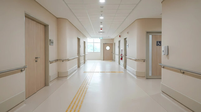 Modern hospital corridor with accessible handrails and tactile paving