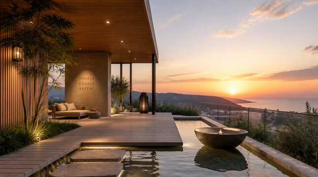 Wellness terrace with shallow water, natural wood, and topaz sunset overlooking coastal hillside