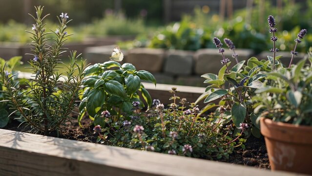 Fresh green herb plants growing in sunny backyard garden bed &ndash; Ideal for organic gardening guides, culinary recipe banners, or farm to table ads.