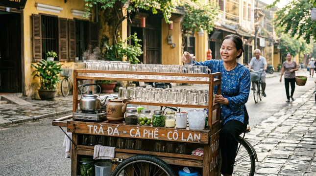 Vietnamese woman selling coffee from a street cart in Hoi An