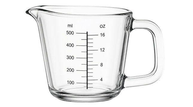 Glass measuring jug with printed marking lines on pure transparency background, featuring clear handle and crisp lighting for product detail