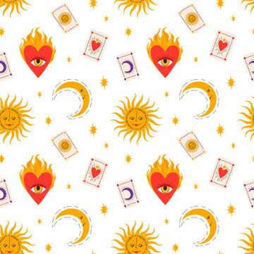 Esoteric magic seamless pattern with golden sun faces, crescent moons, flaming hearts and tarot cards. Flat vector illustration