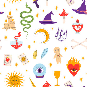 Seamless pattern of witchy mystical symbols including snake, mushroom, moon, love potion and tarot cards. Esoteric magic set. Flat vector illustration