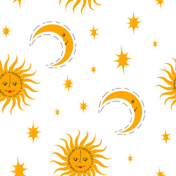 Esoteric magic seamless pattern with smiling sun faces, crescent moons and sparkling stars. Flat vector illustration