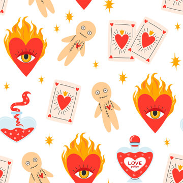 Esoteric magic seamless pattern mixing voodoo dolls, flaming hearts, tarot cards and love potion. Flat vector illustration