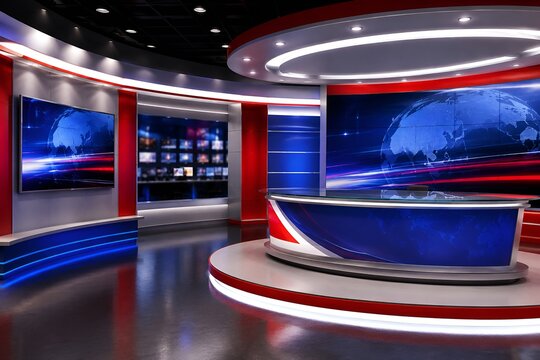 Modern Empty Television News Studio with Digital World Map Screens and Broadcast Desk