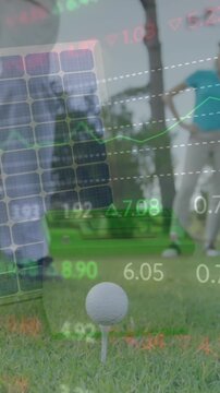 Animation of statistics and data processing over legs of male golf player with golf club and ball
