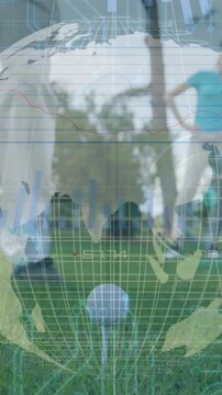 Animation of globe and data processing over legs of male golf player with golf club and ball