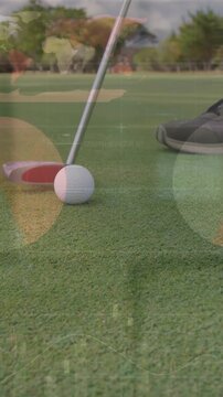 Animation of statistics and data processing over legs of male golf player with golf club and ball