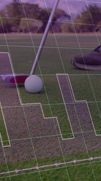 Animation of statistics and data processing over legs of male golf player with golf club and ball