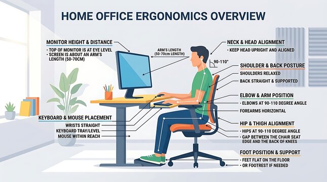 Home office ergonomics and correct sitting posture infographic