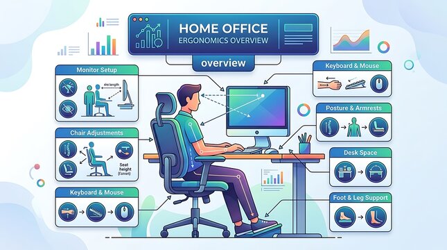 Home office ergonomics infographic for healthy workspace setup