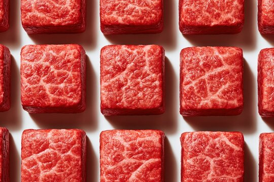 Raw beef meat cubes pattern top view fresh red steak pieces background
