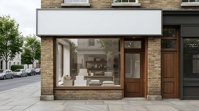 Modern shop front with blank signage and window display mockup