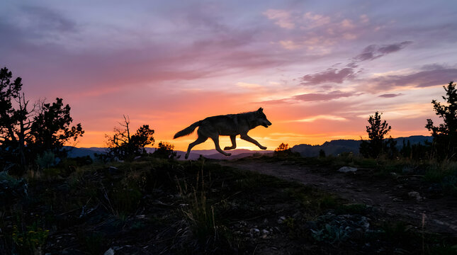Wild wolf howling at sunset silhouette in natural terrain