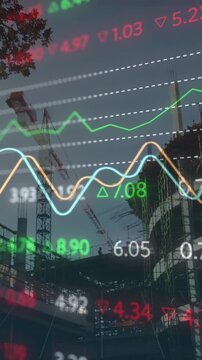 Animaton of stock market data processing against construction site