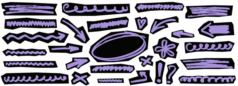 Highlight marker underline oval set. Hand drawn highlight marker underline arrow line pen brush doodle scribble streak. Cute y2k violet chalkboard sticker journal texture background. Vector illustrati