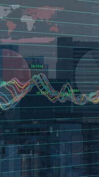 Animaton of statistical and stock market data processing against aerial view of cityscape