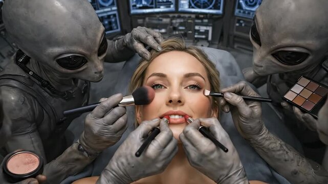 Beautiful woman lying in spaceship cockpit gets makeup done by alien, futuristic beauty concept