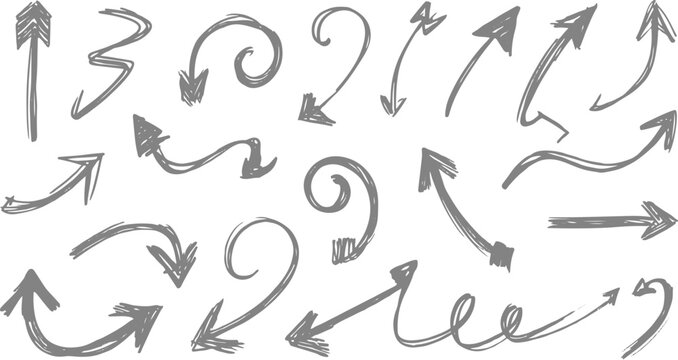 Hand Drawn Arrow Set, Rough Grunge Lines with Vintage Texture.