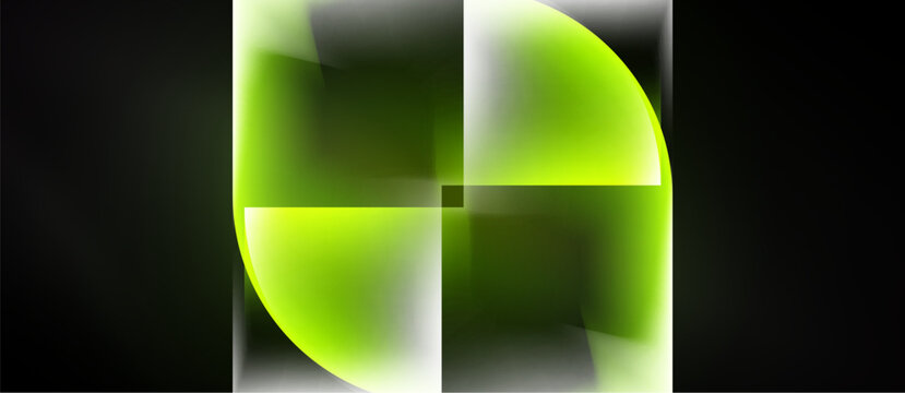 Abstract neon design. Four quarter circles intersect at center. Green hues dominate, with white highlights, dark background. Minimalist, modern aesthetic.