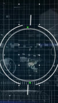 Animation of circles over grid pattern against radar, globe and loading bars on black background