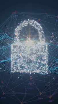Animation of padlock and shield, globe, wave pattern, cropped hand of caucasian man touching screen