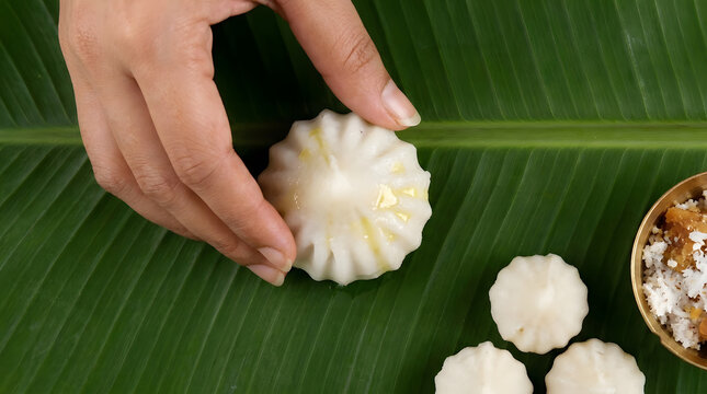 Homemade sweet modak dumpling shaped with delicate ridges held gently by fingers against a vibrant tropical green banana leaf for a traditional Indian festival celebration captured in sharp top view