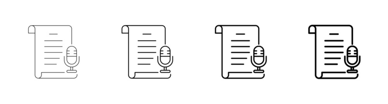 Script with Scroll Paper Document and Microphone Vector Icon Line Art Outline Illustration
