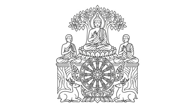 Buddha meditating under bodhi tree with disciples and dharma wheel