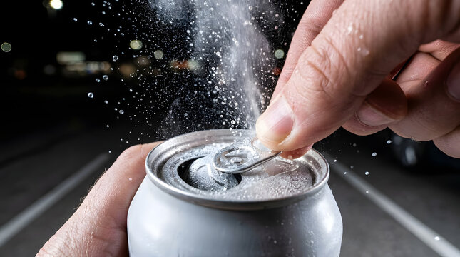 Human hand pulling a metallic silver tab on a frosty beverage can releasing pressurized carbonated spray with fine water droplets captured in high shutter speed detail during a night setting