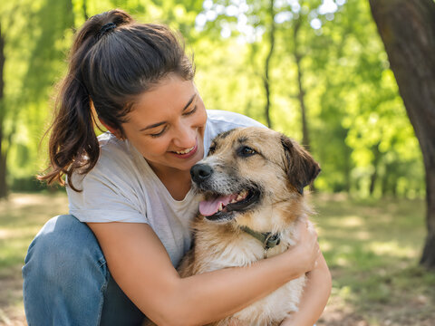 Smiling young woman hugging her tan dog in sunny green park.