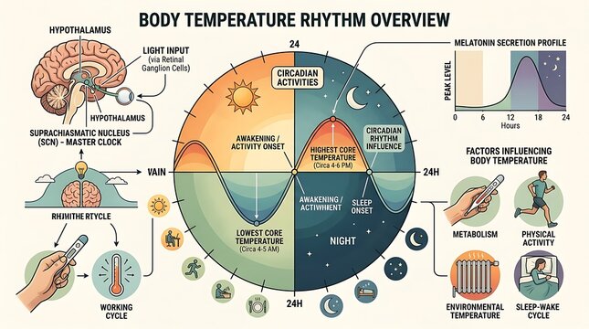 Human body temperature circadian rhythm infographic with cycle icons
