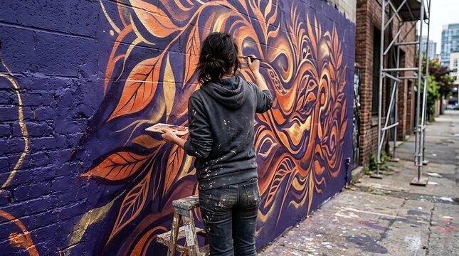 Female street artist painting a colorful botanical mural on an outdoor urban brick wall